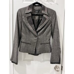 Bebe Jacket Womens 6 Charcoal Blazer 2 Button Tweed Texture Plaid Trim Peplum